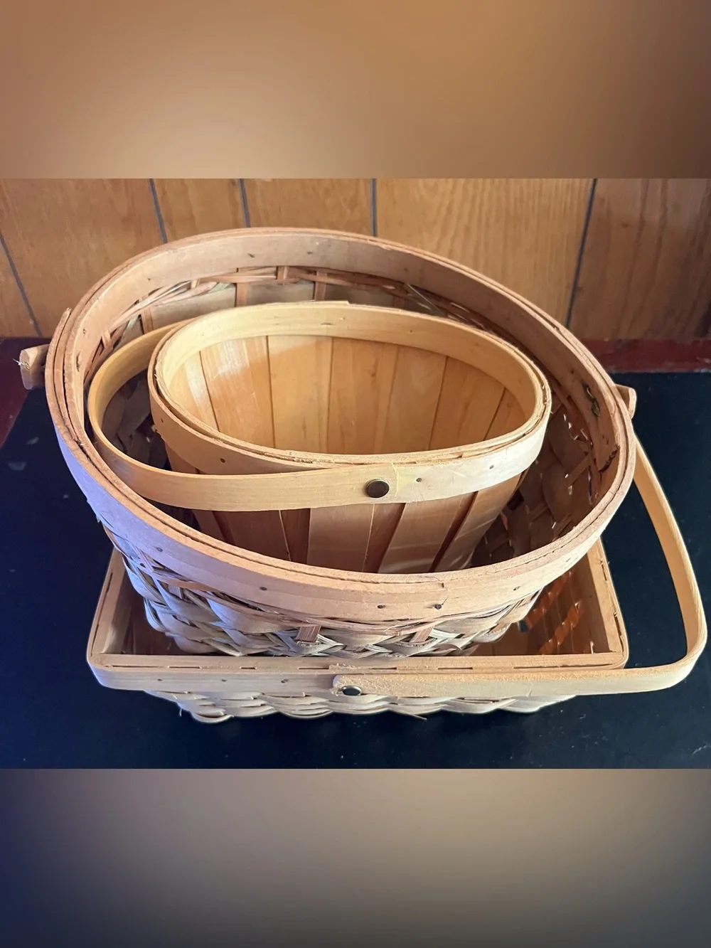 Natural Woven Basket Trio in Light Brown with Handles